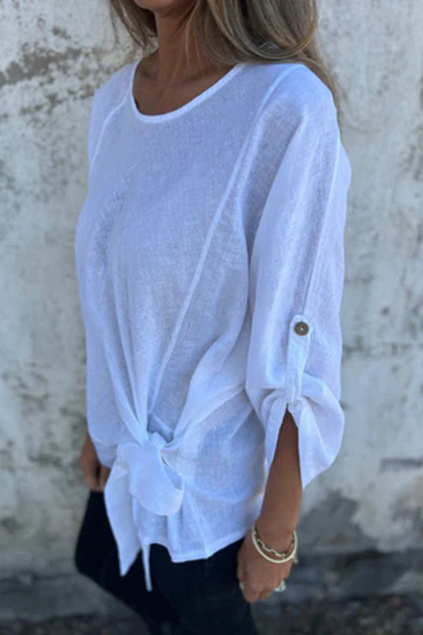 Solid Color Casual Round Neck Loose Knot Top