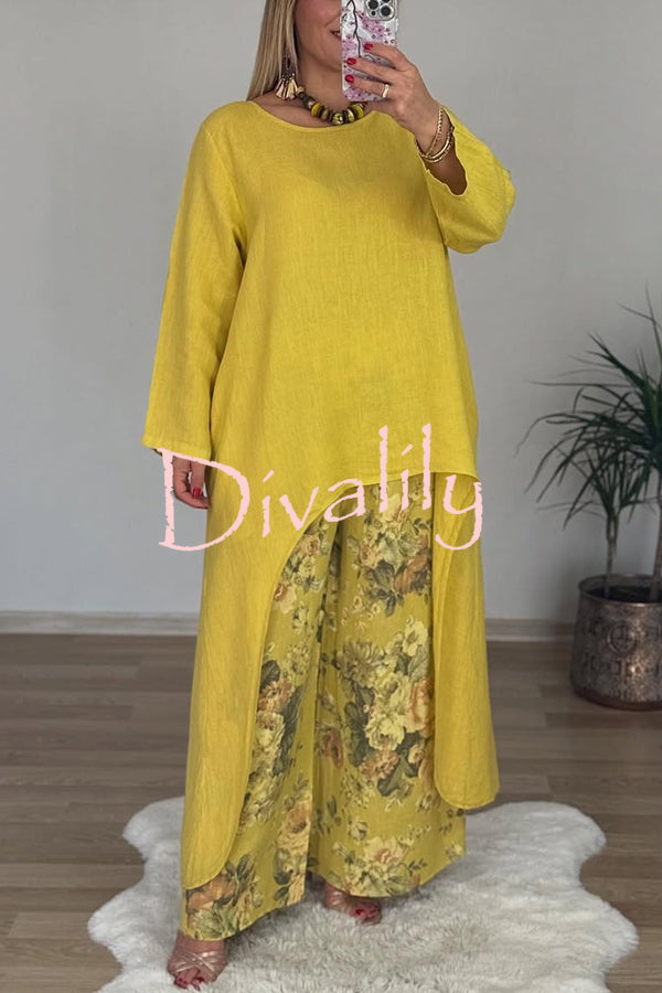 Linen Blend Crew Neck Long Sleeve Irregular Loose Top and Elastic Waist Floral Print Casual Pocket Set
