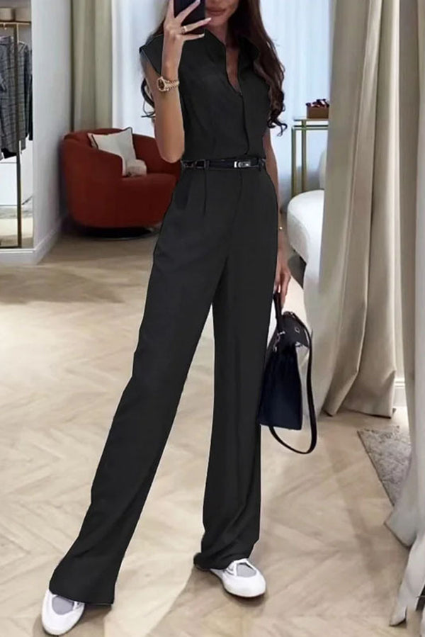 Stylish Sleeveless Button-down Top and Pocket Straight-leg Pants Set