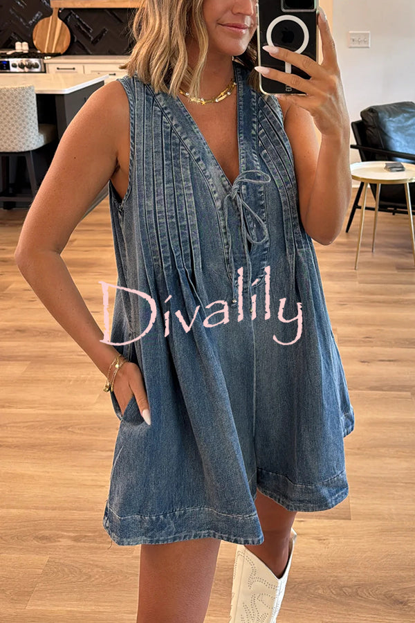 Downtown Daze Denim Pleated Tie-up Pocketed Loose Romper