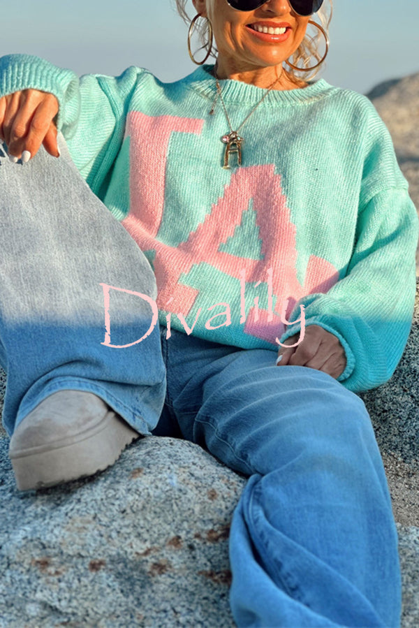 Letter Pattern Crew Neck Long Sleeve Loose Knit Sweater