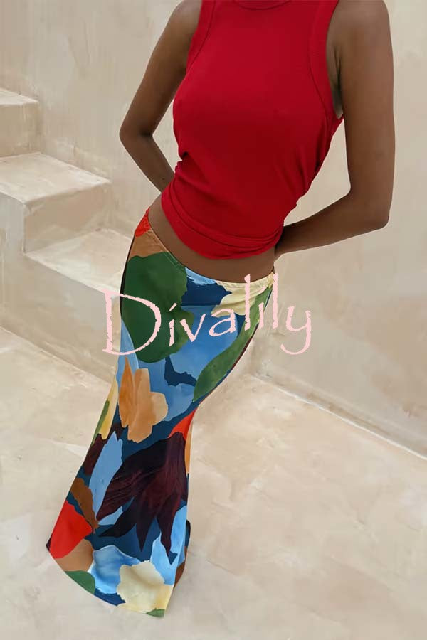 Bright and Bold Satin Abstract Color Blocks Print Elastic Waist Drape Maxi Skirt