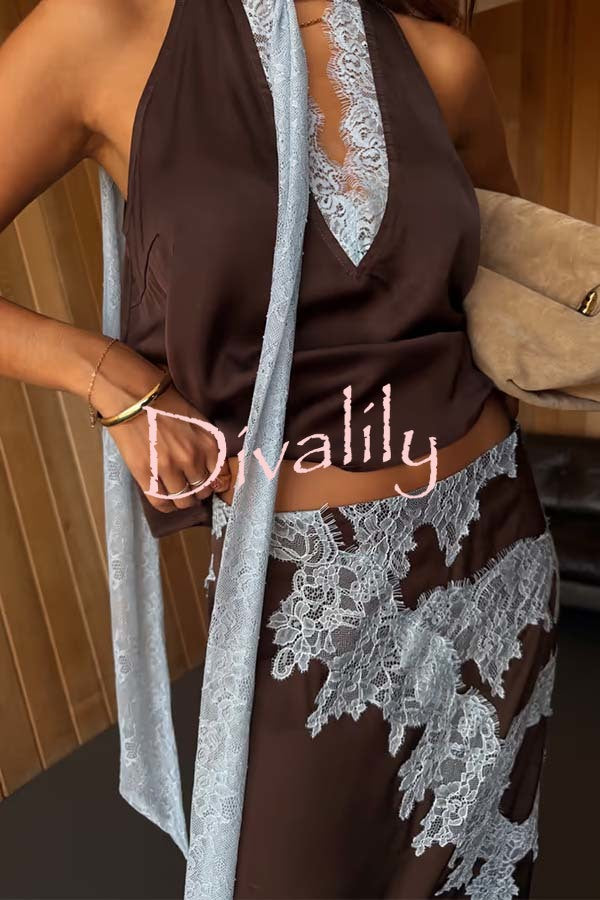 Sunday Social Contrast Color Satin Lace Trim Mid Rise Maxi Skirt