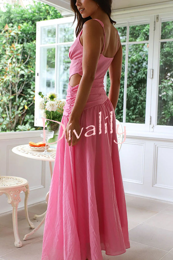 Solid Color V-neck Waist Hollow Slim Maxi Dress