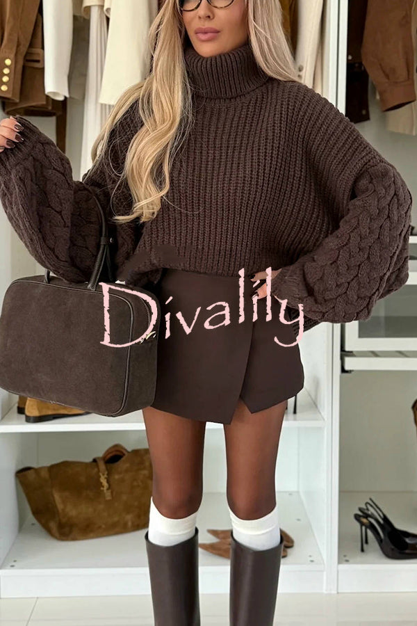 Stylish and Comfortable Ribbed Knit Turtleneck Cable Sleeve Loose Sweater