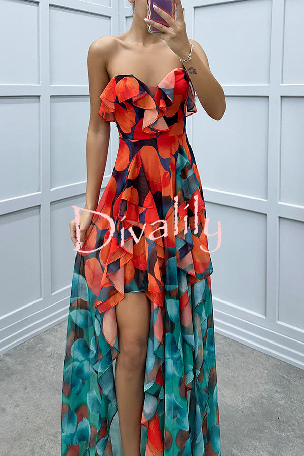 Loving Moment Gradient Unique Print Flowing Layered Ruffles Strapless Slit Maxi Dress