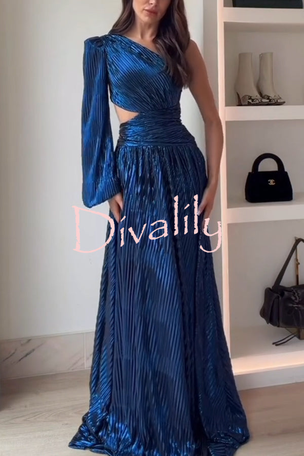 Dazzling Night Metallic Pleated One Shoulder Cutout Balloon Sleeve Gown Maxi Dress