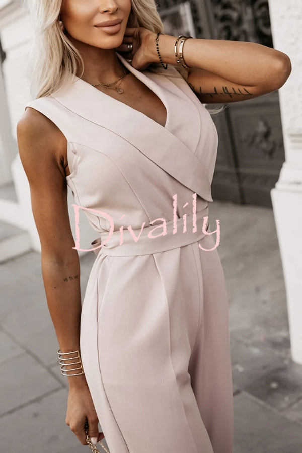 Make Your Entrance Lapel Belt Pocketed Wide Leg Formal Jumpsuit