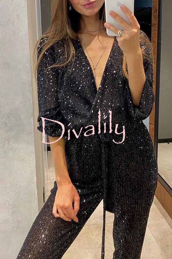 Cheers To You Sequin Long Sleeve Belted Wrap Loose Jumpsuit