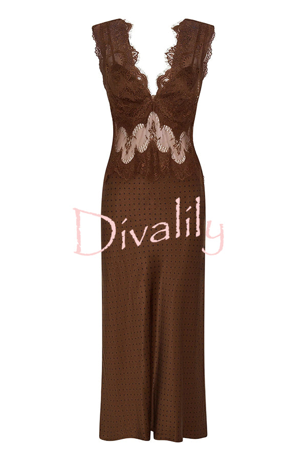Wonderful Fusion Satin Lace Trim Poka Dot V-neck Drape Maxi Dress