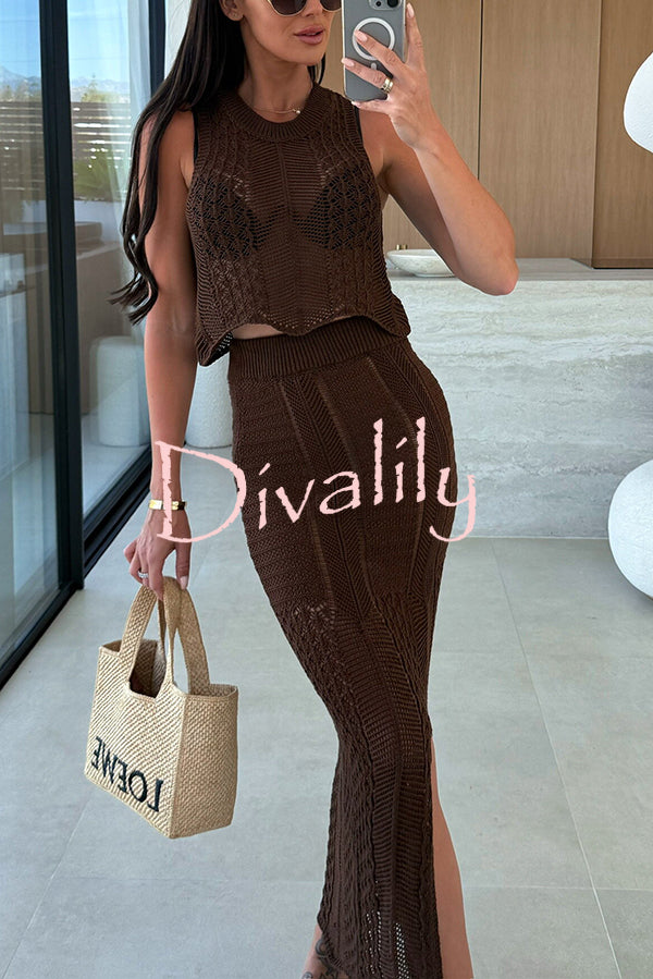 Solid Color Sleeveless Hollow Knit Crop Top and Elastic Slit Slim Midi Skirt Set