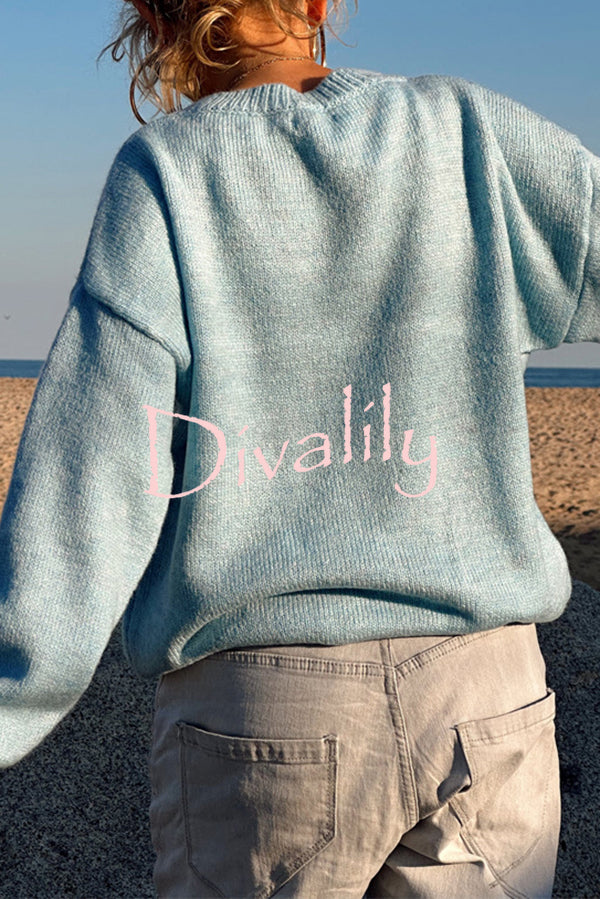 Letter Pattern Crew Neck Long Sleeve Loose Knit Sweater