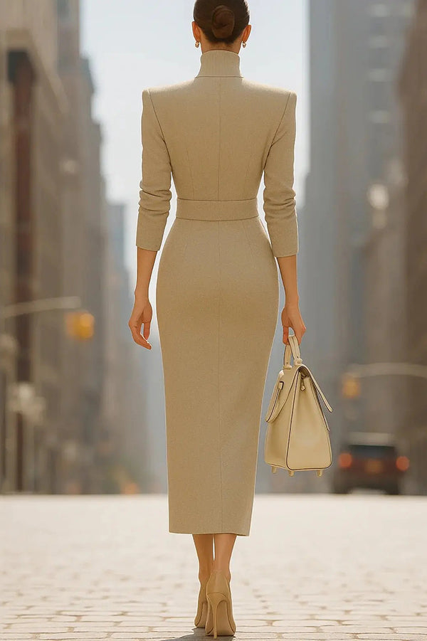 Elegant V-neck Long-sleeved High-waisted Slim-fit Midi Dress