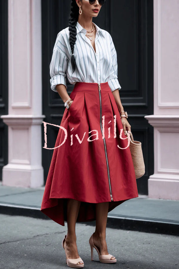 Effortless Charm Front Zipper Detail Pocketed High Low Pleated Midi Skirt