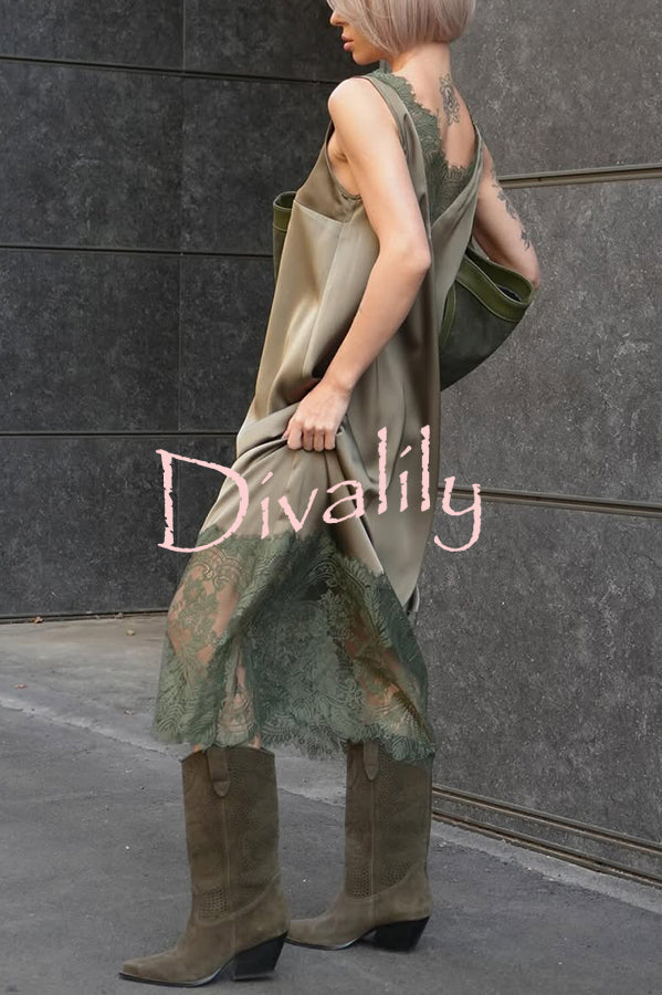 Luxury Winter Satin Lace Trim V-neck Sleeveless H-line Maxi Dress