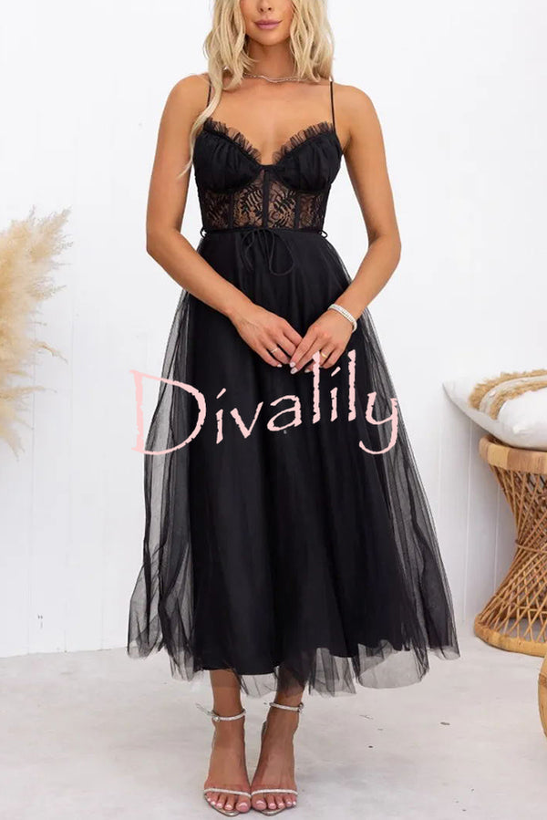 Romantic Fairytale Tulle Lace Bust Tie-up Waist Midi Dress