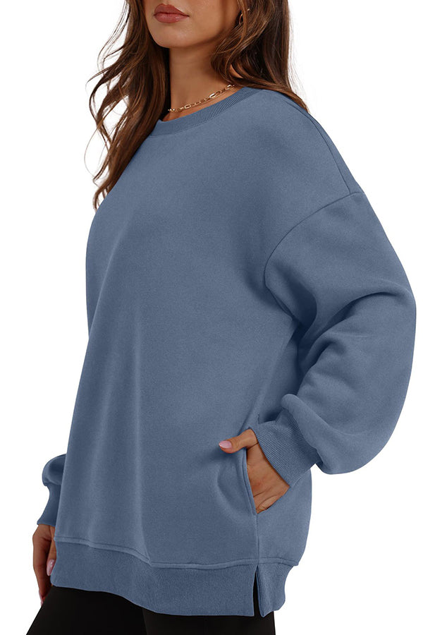 Solid Color Round Neck Pocket Loose Warm Long Sleeve Sweatshirt