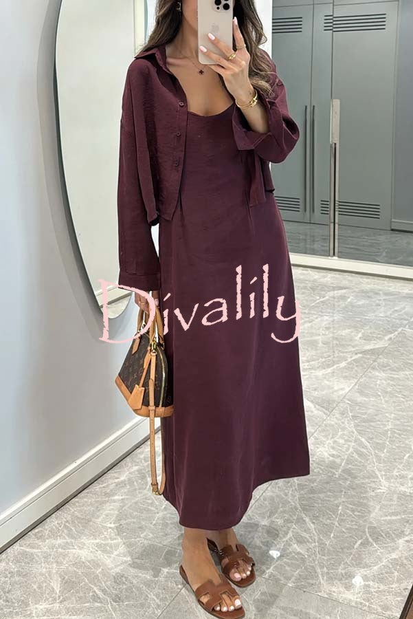 Modern Comfort Long Sleeve Shirt and Slip Loose Midi Dress Two Piece Set