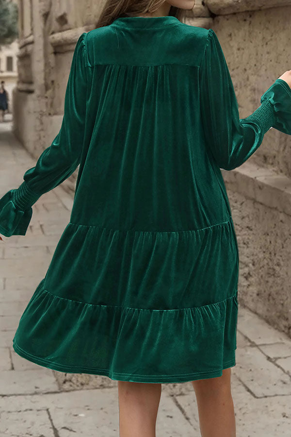 Solid Color Velvet V-Neck Long Sleeve Elegant Loose Mini Dress