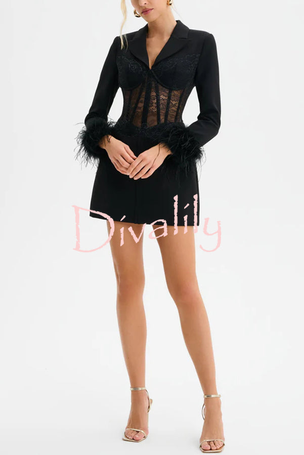 GIA Lace Corset Waist Feather Sleeve Structured Lapel Blazer Mini Dress