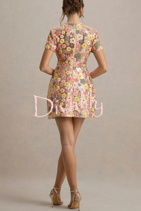 80's Inspired Floral Print Sequin Short Sleeve Stretch Mini Dress