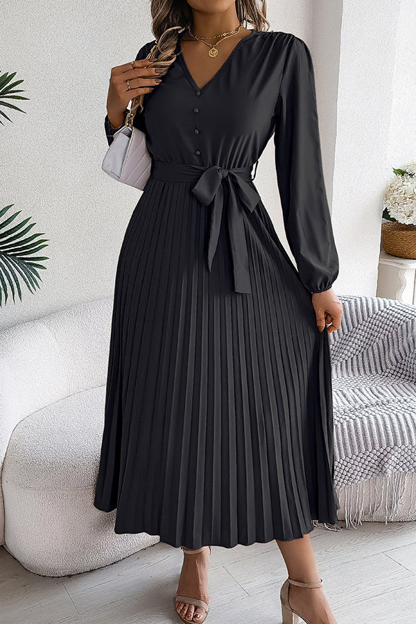 Solid Color Elegant V-neck Buttoned Lace-up Pleated Maxi Dress