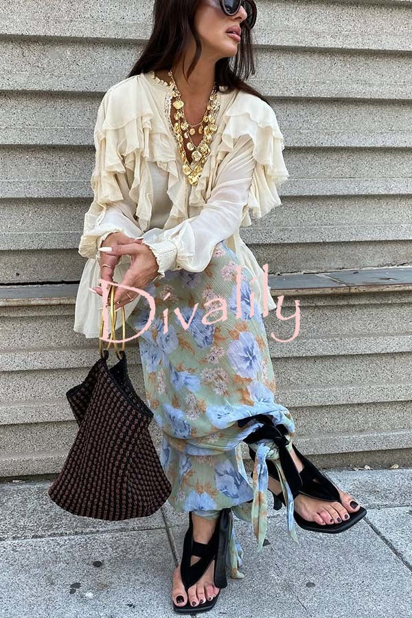 Autumn Boho Chiffon Lace Trim Ruffle Balloon Sleeve Blouse