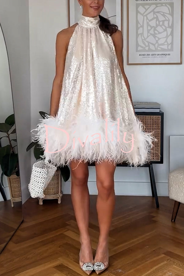 Dancefloor Elf Sequin Feather Trim High Neck A-line Mini Dress