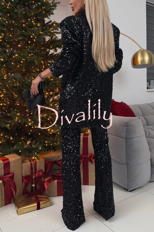 Chic Party Season Sequin High Rise Elastic Waist Flared Stretch Pants