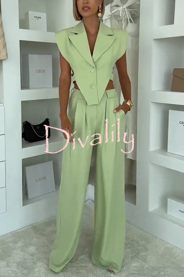 Fashion Style Lapel Waist-baring Irregular Vest and  Elastic Waist Pocket Loose Pants Set