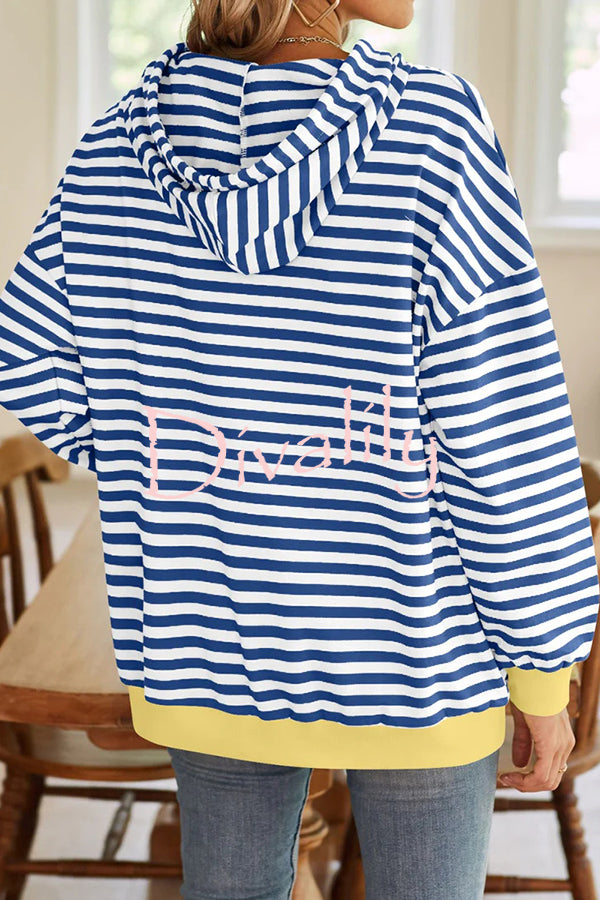 Striped Print Long Sleeve Pocket Loose Hoodie