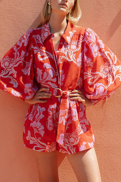 Linen Blend Botanical Print Lapel Puff Sleeve Loose Tie Casual Rompers