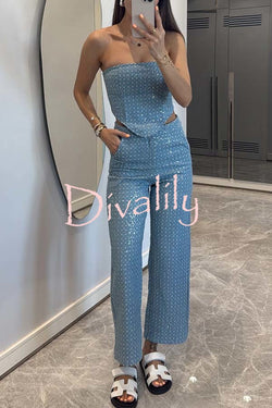 Fashionable Look Denim Sequin Textured High Rise Pocket Straight Jeans