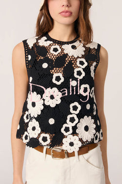 Fashionable Embroidered Hollow Crochet Sleeveless Round Neck Knitted Vest