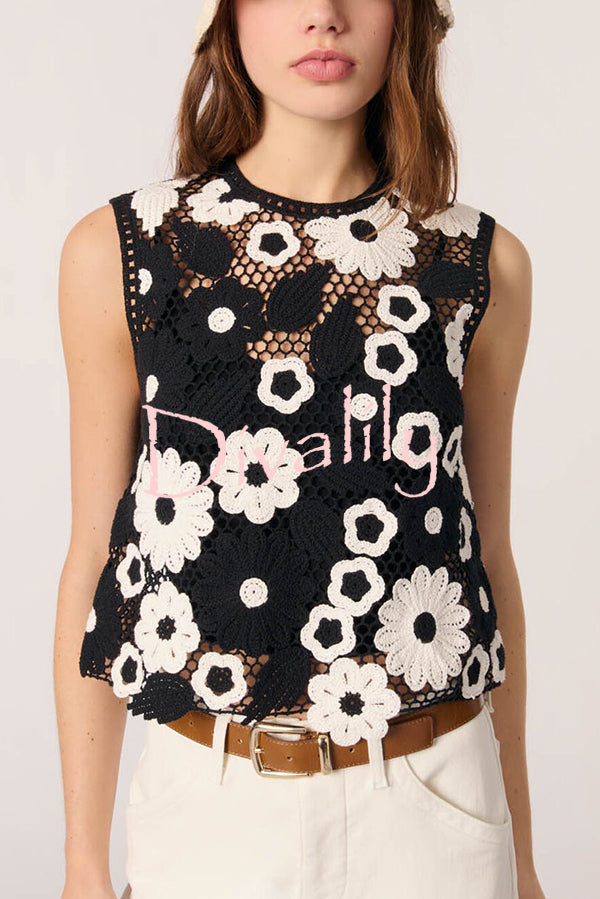 Fashionable Embroidered Hollow Crochet Sleeveless Round Neck Knitted Vest