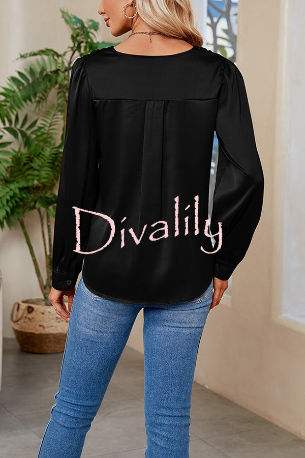 Satin Pleated V-neck Long-sleeved Loose Shirt