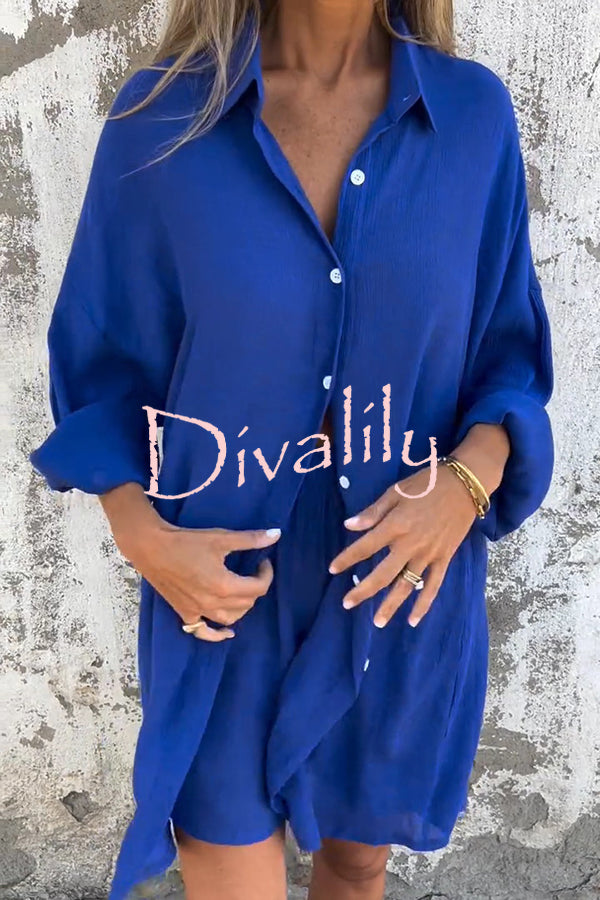 Solid Color Casual Lapel Long Shirt and Elastic Waist Loose Pocket Shorts Set