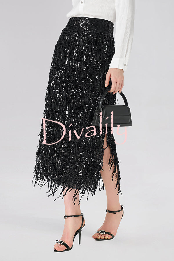 Evening Charm Layered Sequined Tassels High Rise Back Zipper Slit Midi Skirt
