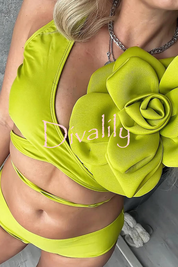 Solid Color Large Flower Decoration High Waist Elastic Two Piece Bikini Swimsuit