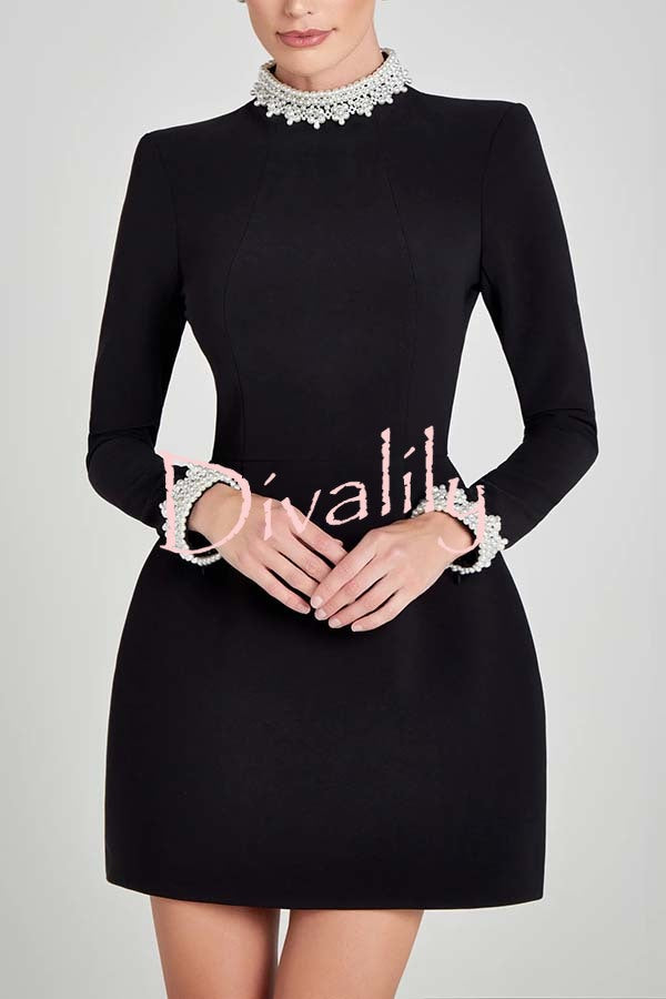 Lovers Kiss Pearl Trim High Neck Long Sleeve Pocketed Tulip Mini Dress