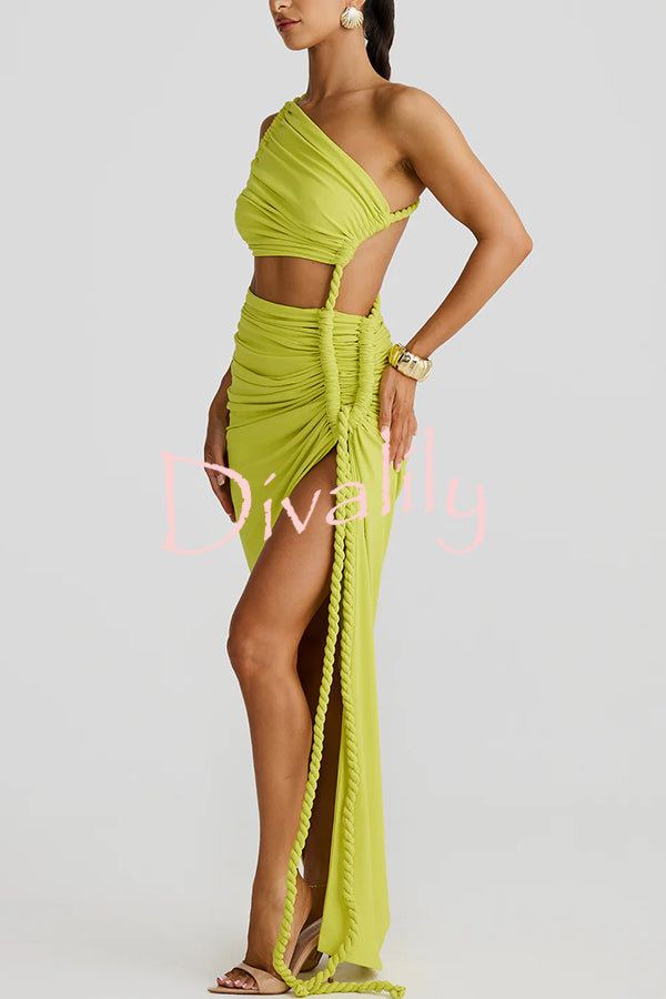 Juliana Rope Detail Ruched One Shoulder Cutout Stretch Maxi Dress