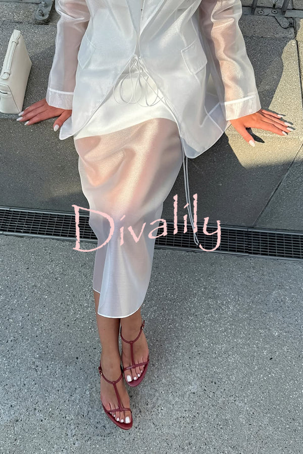 Simple and Light See-through Fabric Mid Rise Pencil Slit Midi Skirt