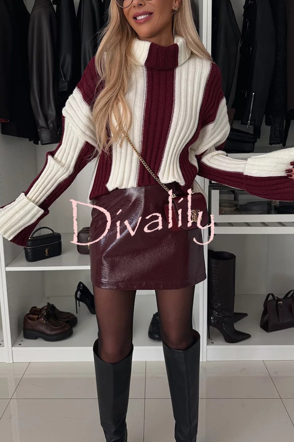 Comfort and Warmth Knit Color Block Long Sleeve Turtleneck Sweater