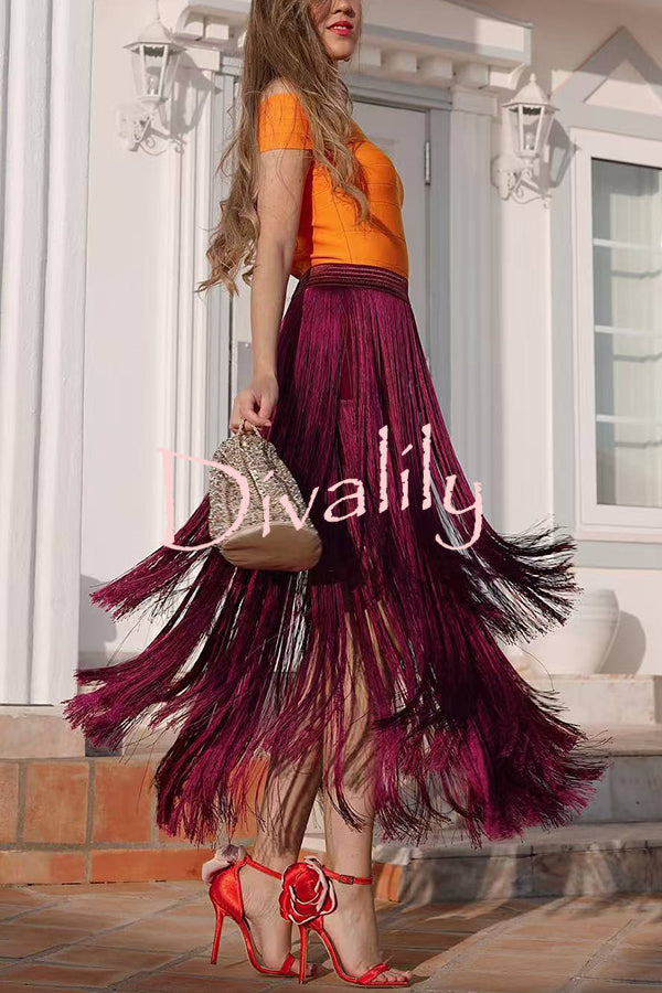 Elegant Tassel Hem Elastic Waist Casual Maxi Skirt