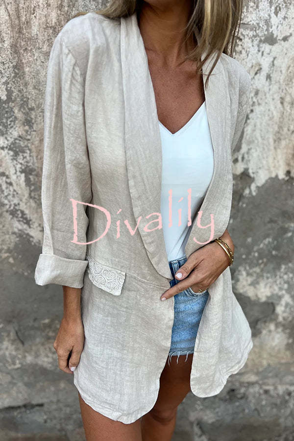 Olivia Linen Blend Lace Trim Half Sleeve Lapel Relaxed Blazer