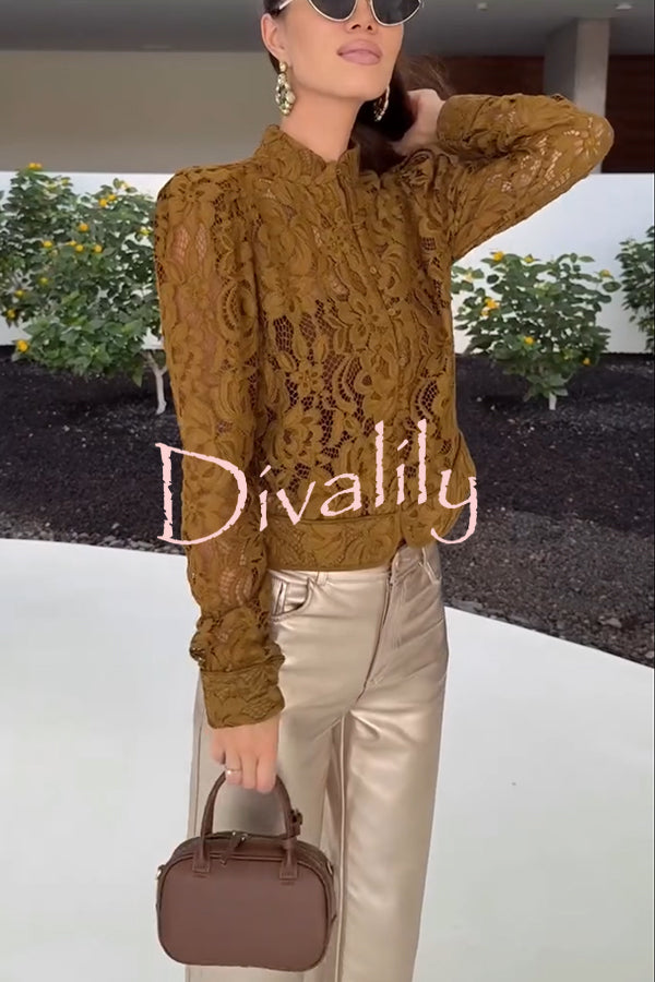 Palace Style Crochet Flower Lace Stand Neck Button Puff Sleeve Jacket