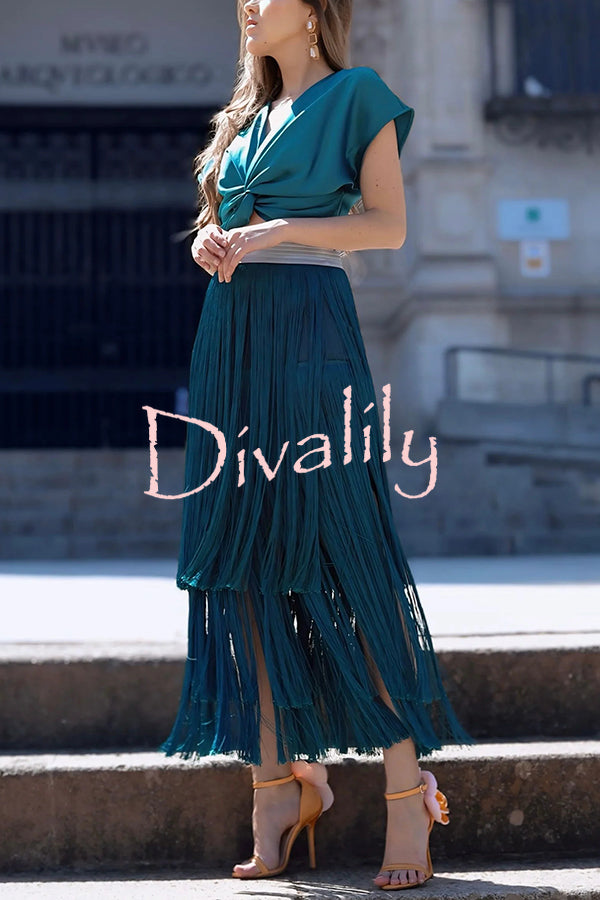 Elegant Tassel Hem Elastic Waist Casual Maxi Skirt