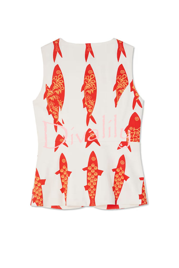 Good Luck Linen Blend Koi Pattern Metal Buttons Waisted Vest