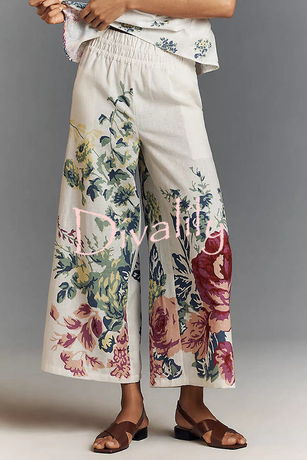 In To The Summer Linen Blend Floral Print Elastic Bandeau and Elastic Waist Pocket Loose Pants Set