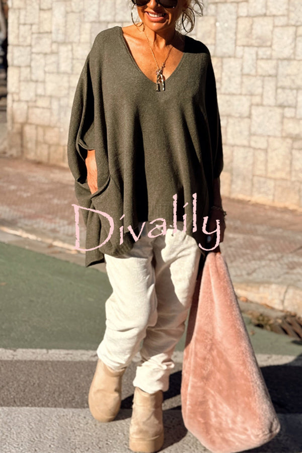 Fashion V-neck Loose Pocket Mid-length Knitted Sweater